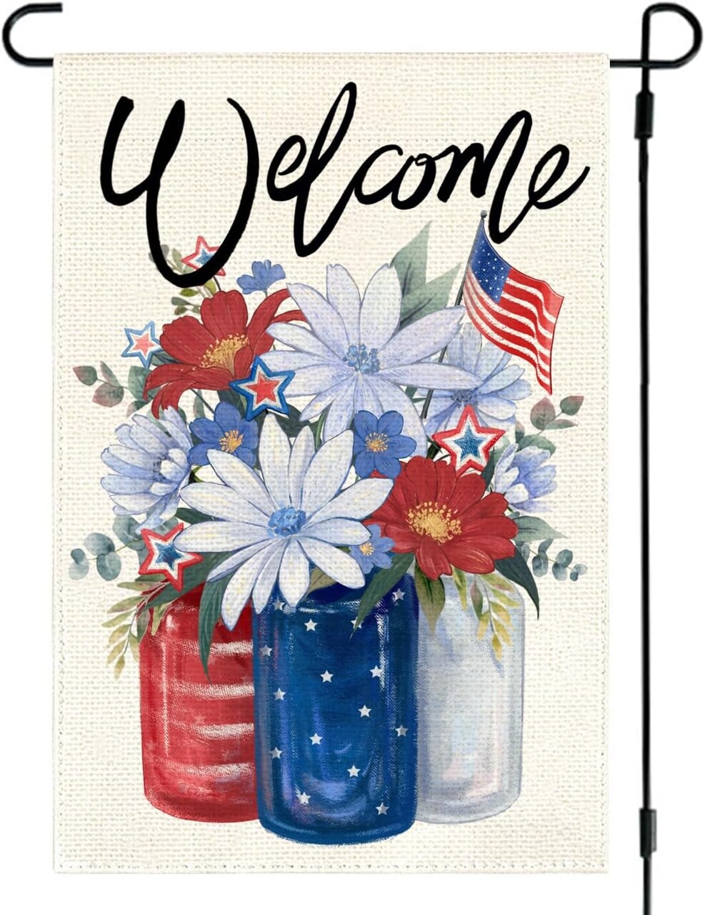 4th of July Welcome Garden Flag 12x18 Inch Double Sided Outside Patriotic Floral Mason Jar Summer Daisy Memorial Day Independence Day Outdoor Red White Blue Garden Yard Decoration